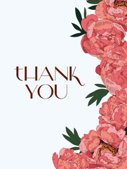 A card template for congratulations, thanks or invitations with pink painted peonies.