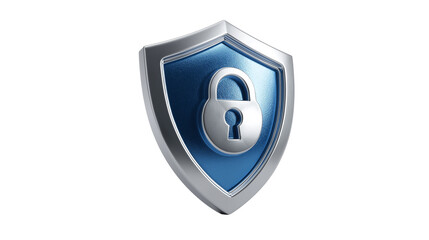 3D shield with lock icon for cybersecurity concept, blue and silver metallic design, isolated PNG