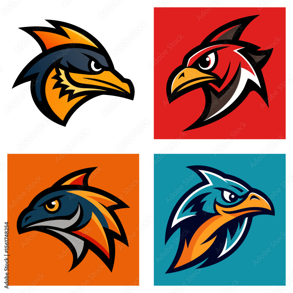 Poster four square images displaying stylized eagle head logos with different color schemes and backgrounds