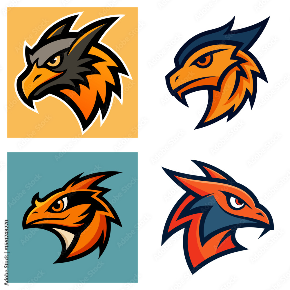 Poster four stylized eagle head logos with sharp beaks and varied color schemes in a square format