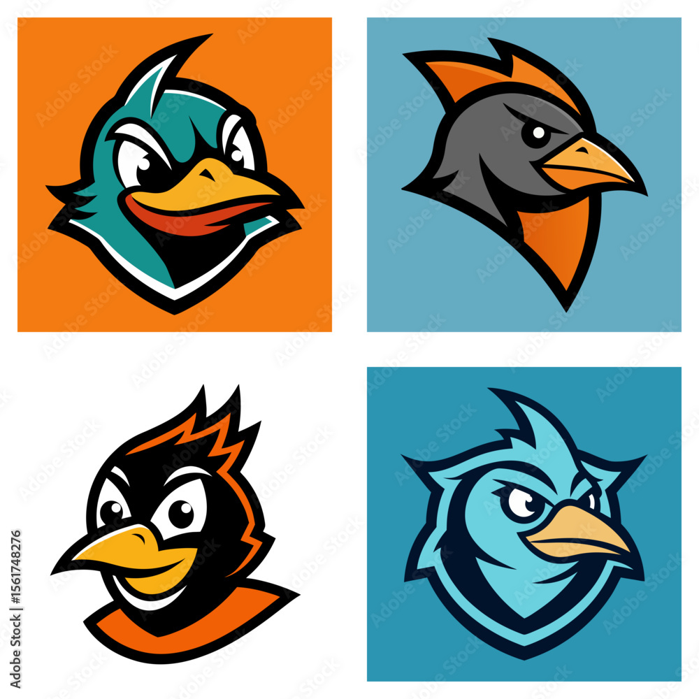 Poster a set of four cartoon bird mascots in different colors and styles on square colored backgrounds desi
