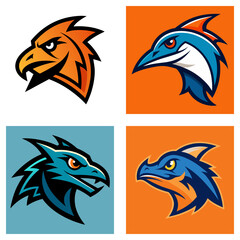 Four animal mascot logos featuring an eagle, dolphin, dragon, and dinosaur in vibrant colors and bold outlines