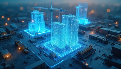 Digital twin simulation for construction project. 3D building models construction site with visible simulation software interface. Data analysis tools, vehicles, crane present. Blue light. Tech