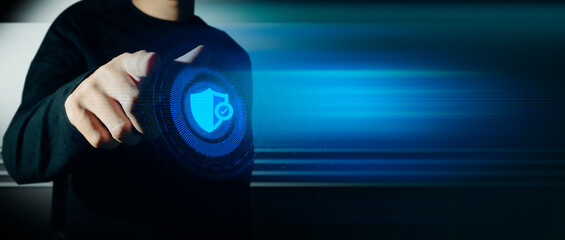 hand of businessman interactive touching a holographic of transaction financial network data...