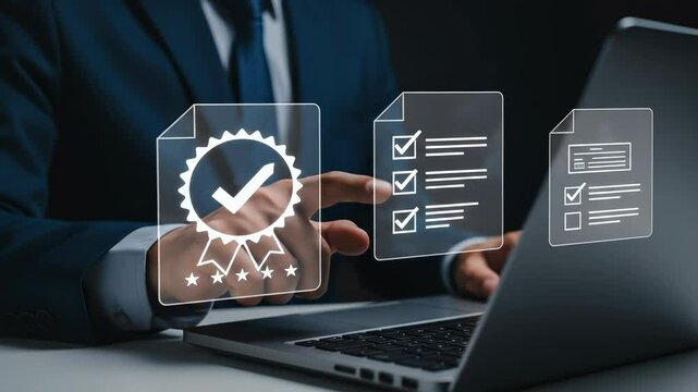 Quality Assurance, Compliance & Standards: Business Man Checking Digital Documents on Laptop for Certification & Approval