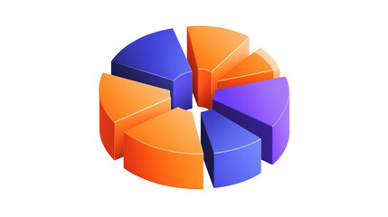 Obraz premium 3D pie chart in blue, orange and purple slices, isometric style, business analytics concept, PNG