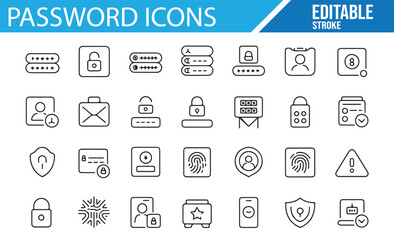 Icons for user authentication, passwords, and cybersecurity in digital platforms.