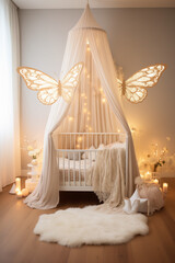 bedroom with white bed and butterfly decorations 