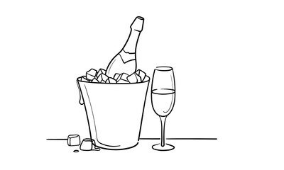 Champagne bottle in ice bucket, continious line drawing. Vector illustration