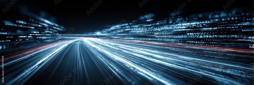 Poster futuristic tech cityscape with abstract data flow and binary code tunnel for information transfer