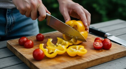 Close-up of Person's Hands Cutting Yellow Bell Pepper and Cherry Tomatoes on Wooden Cutting Board Outdoors