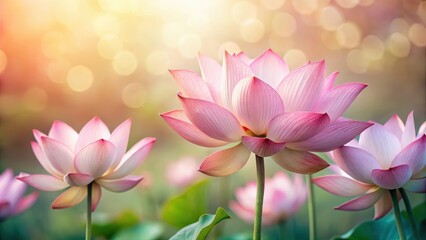 Obraz premium Delicate pink lotus flowers in soft focus with blurred background, showcasing its elegant and serene appearance