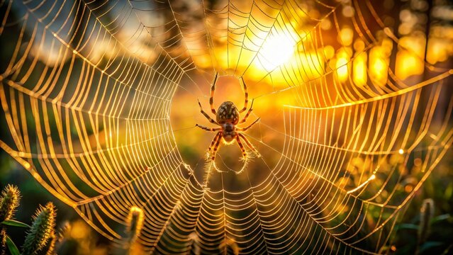 Golden Hour Web Awaits A Spider's Dance with Sunlight and Nature's intricate Design