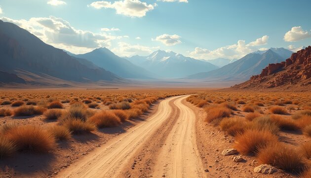 Dirt road winds through desert landscape. Mountains on background. Road trip adventure through scenic valley. Sunny day, blue sky. Hiking, travel. American Southwest, Utah, Arizona. Valley view, road - Powered by Adobe