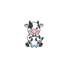 Naklejka premium An icon of a cute cartoon calf drinking milk from a bottle, symbolizing nurturing, growth, and the innocence of young farm animals.