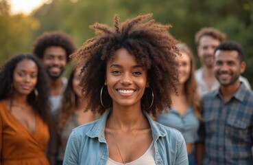 Group of diverse people with focus on smiling young woman with afro hair, stylish look. Multicultural team, casual attire, friendly expressions. Portrait outdoors, natural light, positive mood.