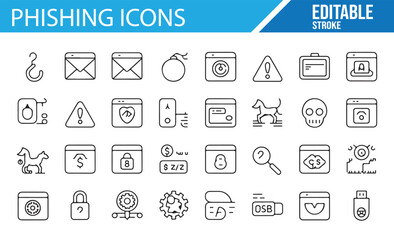 Set of editable icons representing phishing, hacking, and internet fraud.