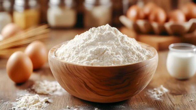 Heap white flour in wooden bowl with eggs, milk in background, baking ingredients on rustic kitchen table