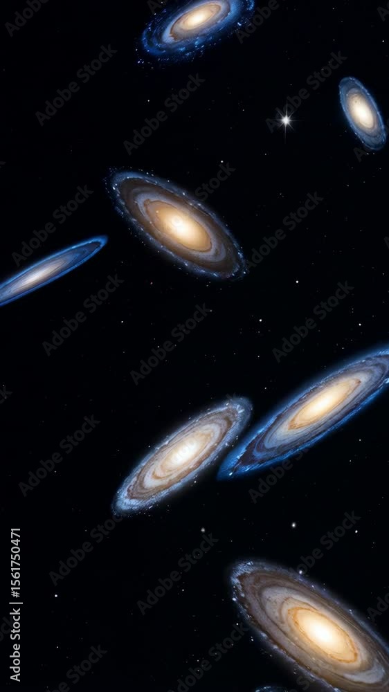 Poster dramatic space scene displaying various galaxies and stars floating in deep dark cosmos with golden 