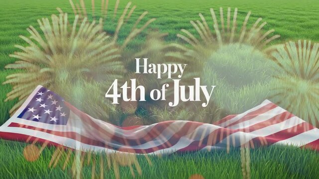 Fading in Happy 4th of July text animating in open meadow, with flag undulating and fireworks