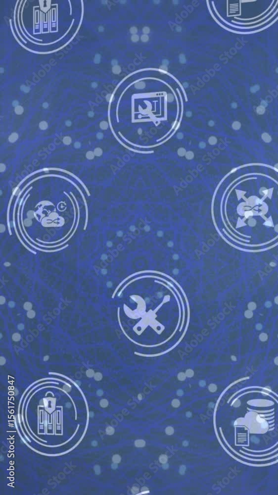 Poster animation of icon in loading circles over lens flares and dots moving in circular pattern