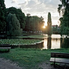 Serene lakeside vista at sunset with benches and lily pads offering tranquil reflections