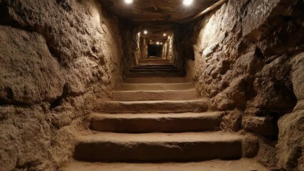 Exploring ancient underground tunnels with stone steps and lighting