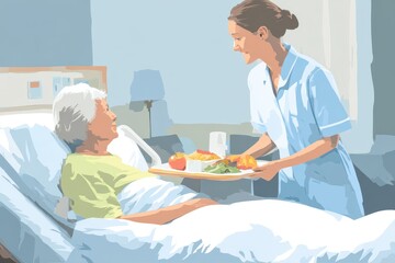 Hospital Meal: Nurse Serving Patient with Care in Hospital Bed