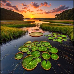 Serene marshland landscape illuminated by the vivid colors of a breathtaking sunset scenery