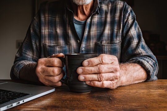 Close-up of senior man holding a mug of coffee, sitting at a wooden table with a laptop