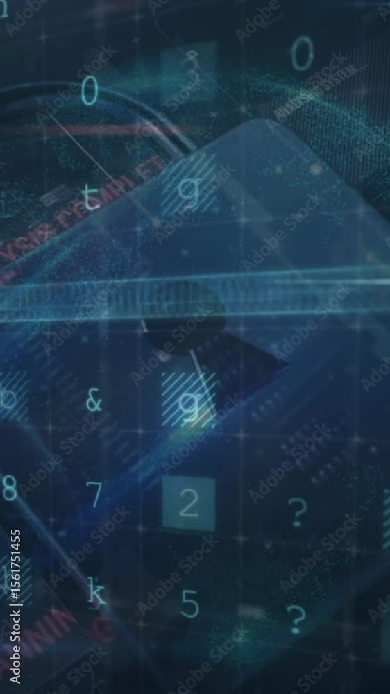 Poster animation of multiple texts, letters, numbers and symbols over padlock and graphs