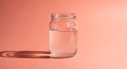 Glass jar filled with water casting a shadow on a peach colored background in a studio setting