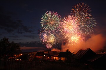 House Fireworks. Spectacular Barn Fireworks Display in the Village Sky