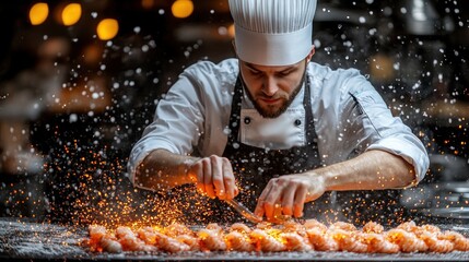 Chef expertly preparing flaming shrimp