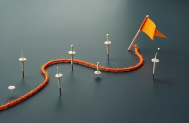 Orange thread, pins and flag on gray surface. Concept of achieving goals, stages of planning, business strategy, corporate success. Creative visual for marketing, business presentation.