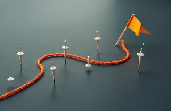 Orange thread, pins and flag on gray surface. Concept of achieving goals, stages of planning, business strategy, corporate success. Creative visual for marketing, business presentation.
