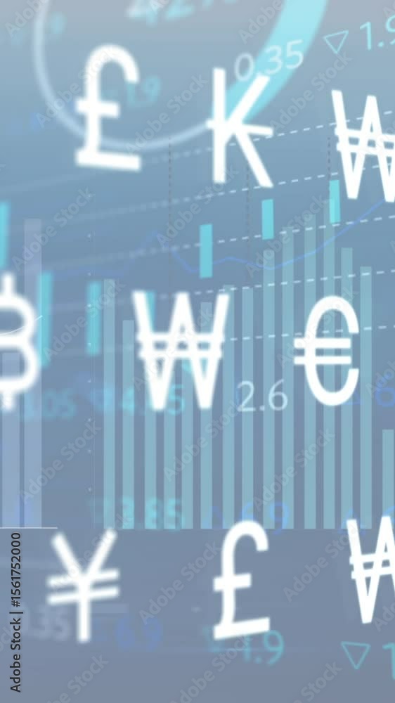 Poster animation of currency symbols with multiple graphs and trading board over blue background