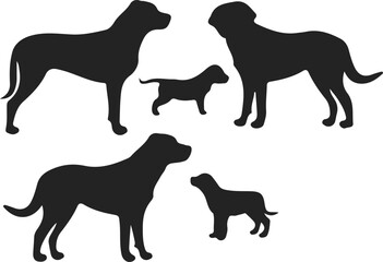 Silhouettes of dog family with adult dogs and puppies on white background