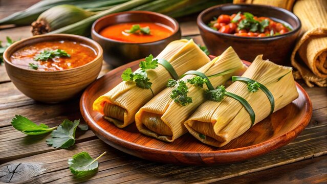 Guatemalan paches &mdash; potato-based tamales with tomato sauce, wrapped in banana leaves and served on a traditional plate.
