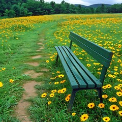 Serene refuge amidst vibrant floral abundance a tranquil bench in a sunny wildflower meadow
