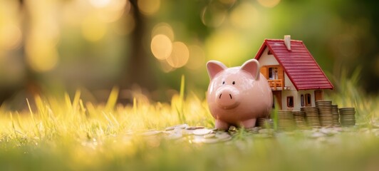 The piggy bank beside a miniature house symbolizes financial security and investment.