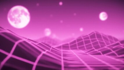 Seamless Looping Animation of Pink Wireframe Landscape with Floating Orbs - Powered by Adobe