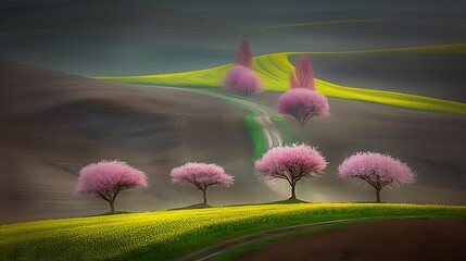 Serene rolling hills landscape with vibrant pink blossoming trees and pathway beauty