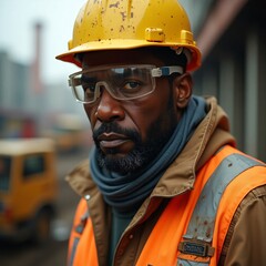 a highly detailed, cinematic photograph of a realistic Indonesian American male engineer in his mid-30s, standing in a rugged outdoor construction site, wearing a worn yellow hard hat.