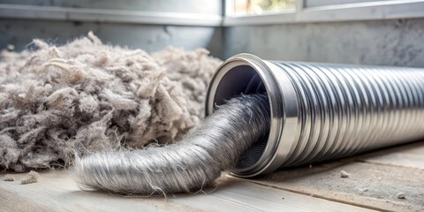 Obraz premium Flexible aluminum dryer vent duct filled with lint and dust particles in a messy tumble on the floor , indoor air quality concerns, ventilation system hazards