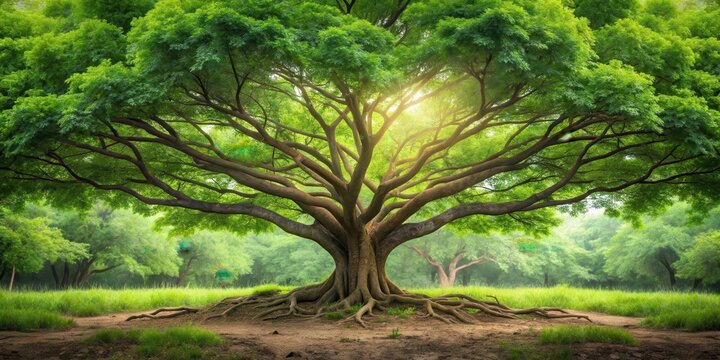 A lush green tree with multiple branches growing out of the ground , woodlands, vegetation,  woodlands, vegetation,grow