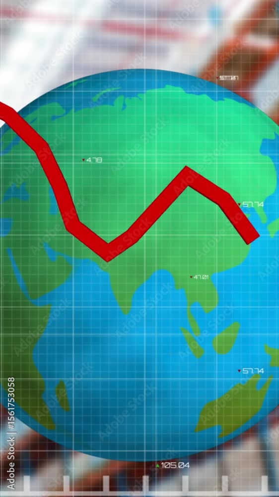 Poster animation of red line processing with globe over warehouse