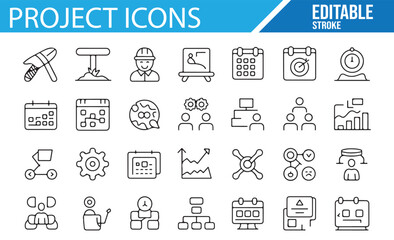Editable project-related vector icons for business and office use.