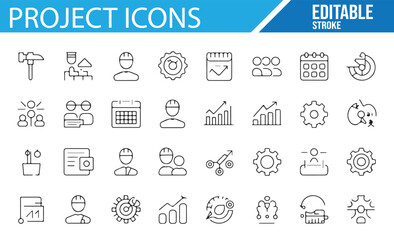 Set of editable vector icons for project management and business tasks.