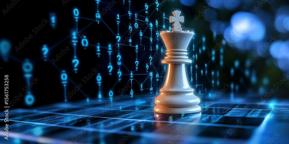 Poster majestic white king on a digital chessboard surrounded by glowing binary code for strategy play